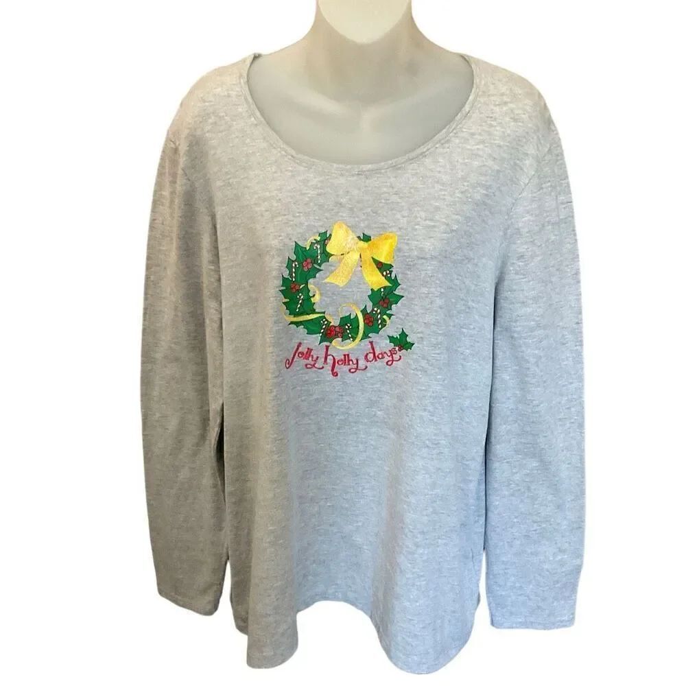 Just My Size Tee Shirt Jolly Holly Days Graphic Wreath Grey Green Red Yellow 1X
